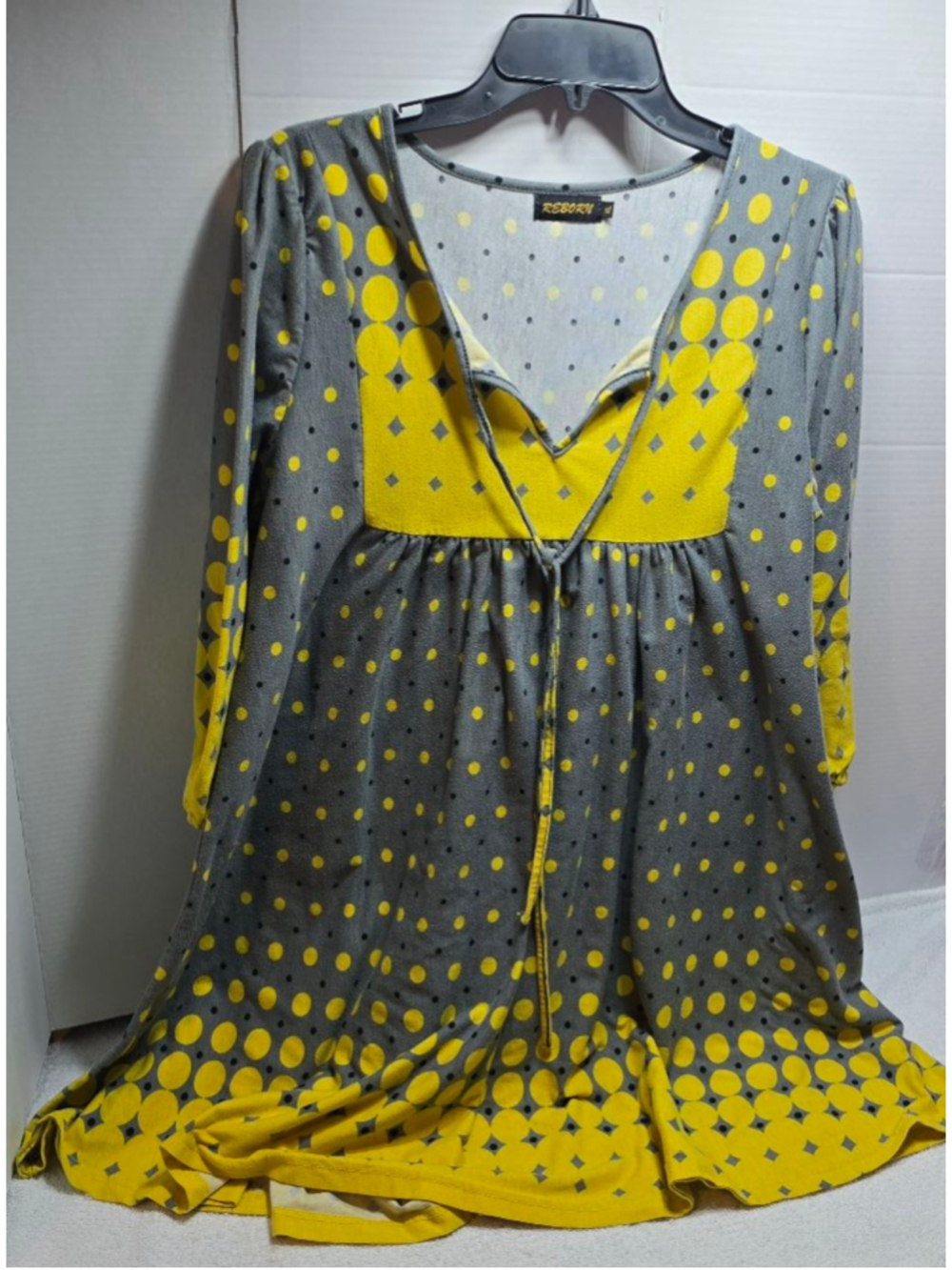 Women's REBORN Long Sleeve Dress XL Gray Yellow Polka Dot